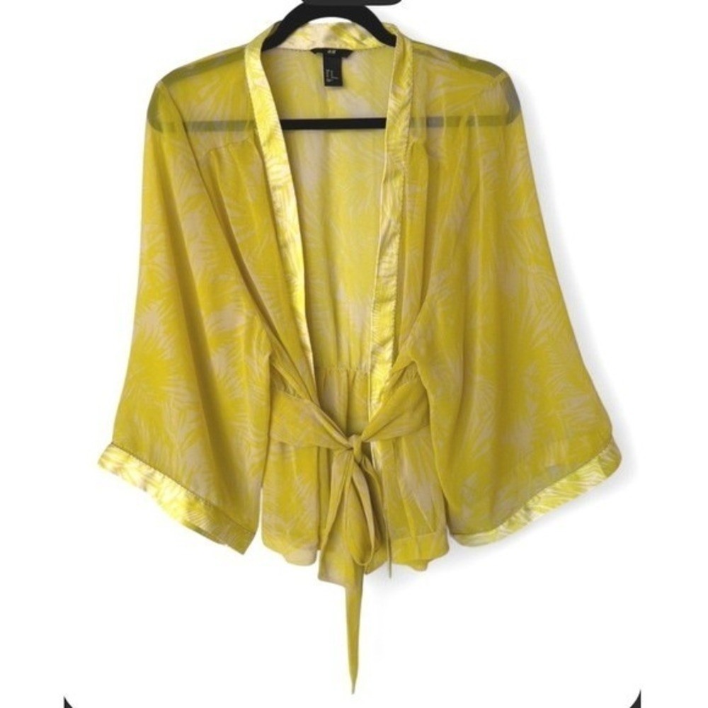 H&M Sheer Crop Kimono Wrap Top Yellow Tropical‎ Palm Print  Womens Size 12